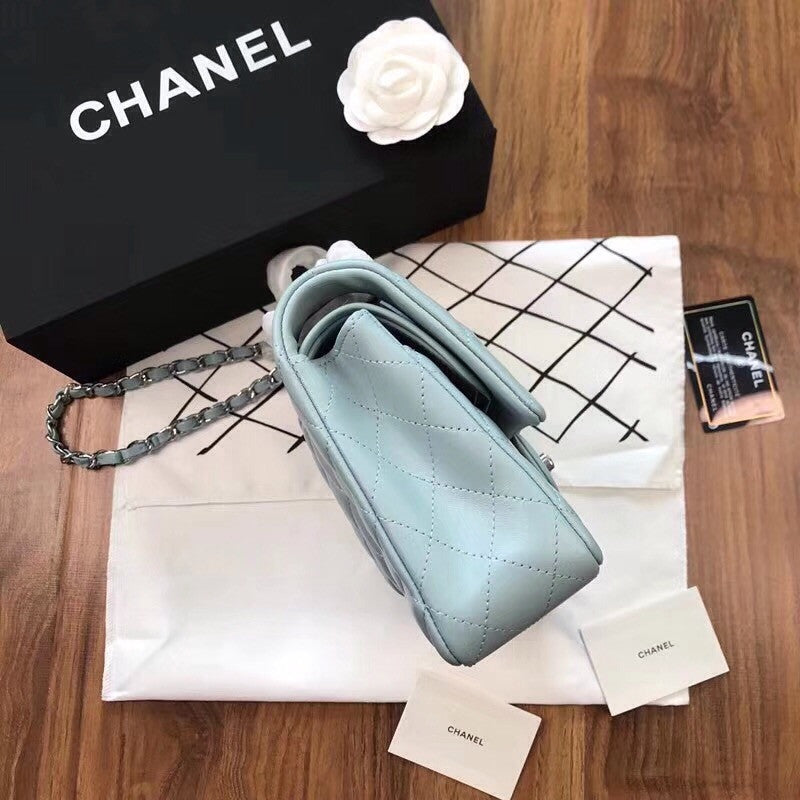 CHANEL Tiffany Blue Lambskin Leather Classic Double Flap 2.55 Shoulder Bag Silver HW