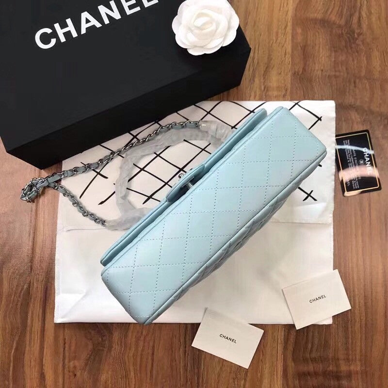 CHANEL Tiffany Blue Lambskin Leather Classic Double Flap 2.55 Shoulder Bag Silver HW