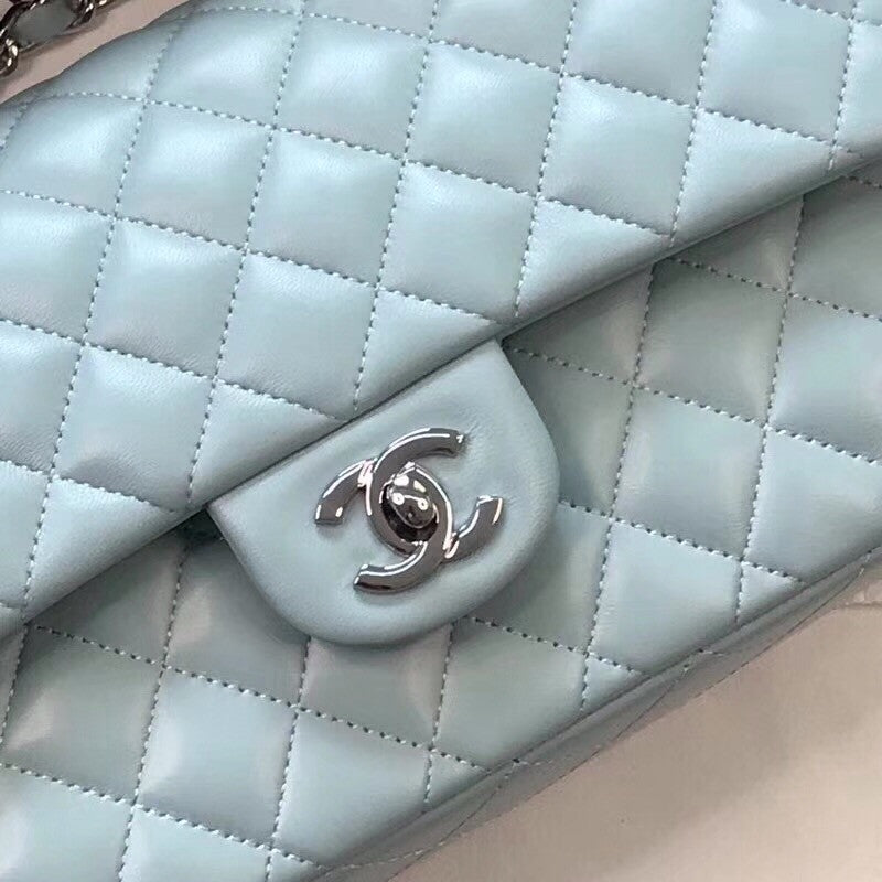 CHANEL Tiffany Blue Lambskin Leather Classic Double Flap 2.55 Shoulder Bag Silver HW