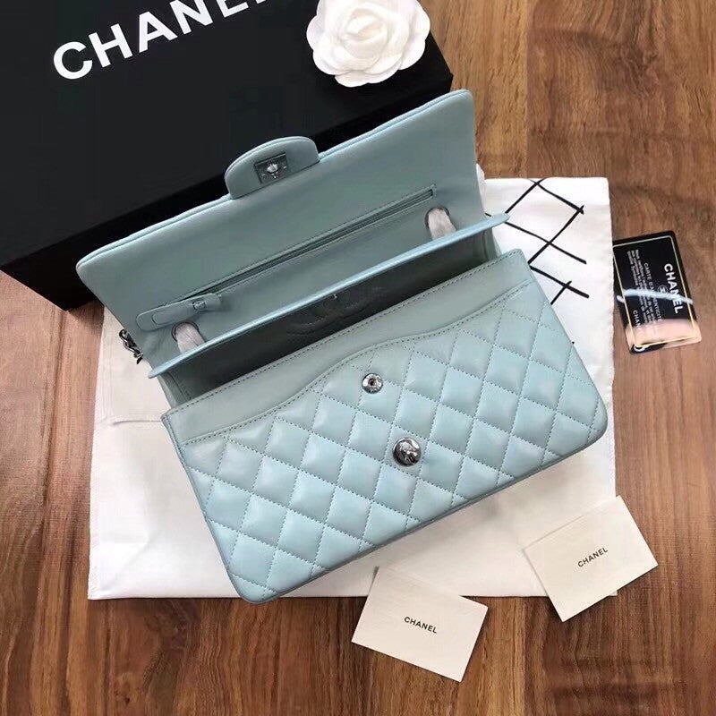 CHANEL Tiffany Blue Lambskin Leather Classic Double Flap 2.55 Shoulder Bag Silver HW