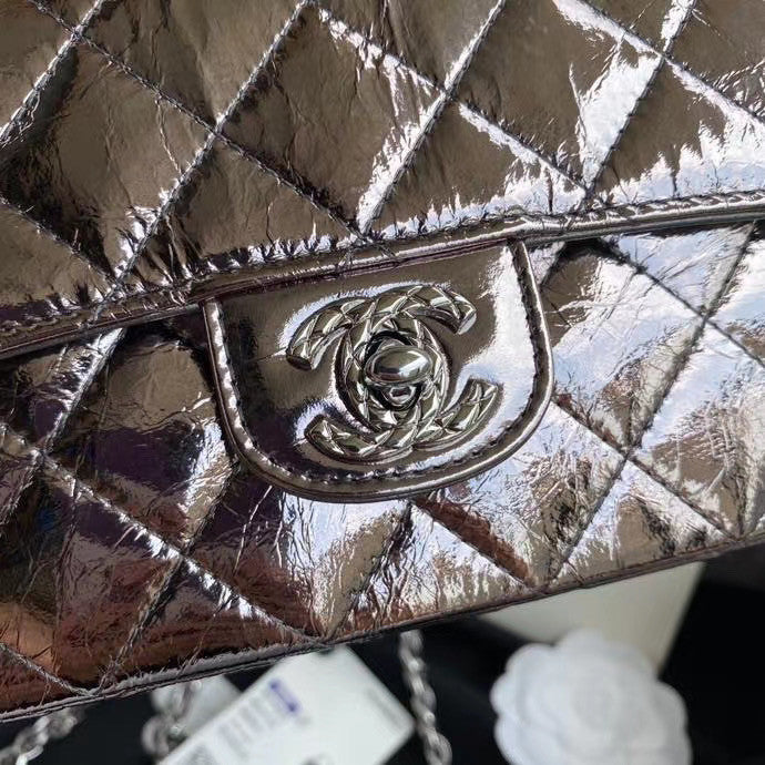 Chanel Limited Edition Metallic Crumpled Calfskin & Silver-Tone Metal Charcoal Flap Bag with Top Handle