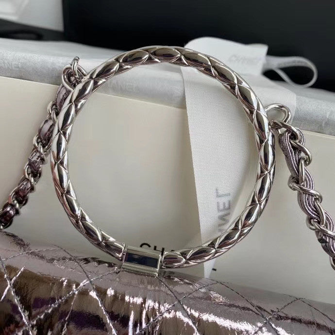 Chanel Limited Edition Metallic Crumpled Calfskin & Silver-Tone Metal Charcoal Flap Bag with Top Handle