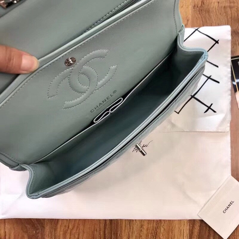 CHANEL Tiffany Blue Lambskin Leather Classic Double Flap 2.55 Shoulder Bag Silver HW