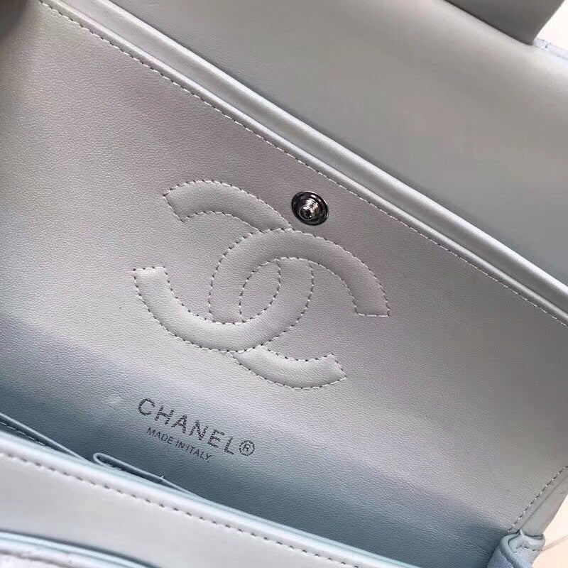 CHANEL Tiffany Blue Lambskin Leather Classic Double Flap 2.55 Shoulder Bag Silver HW