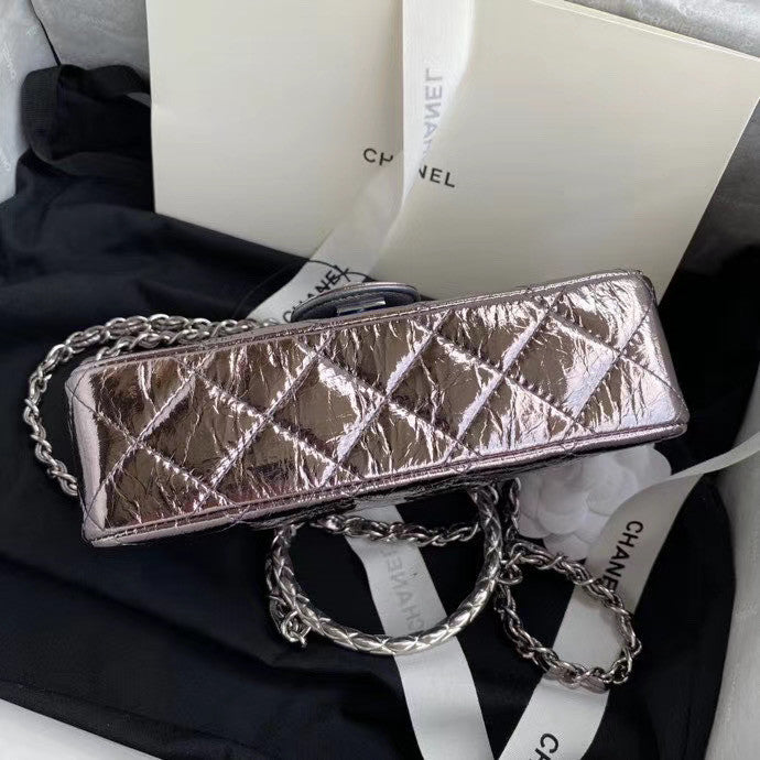 Chanel Limited Edition Metallic Crumpled Calfskin & Silver-Tone Metal Charcoal Flap Bag with Top Handle