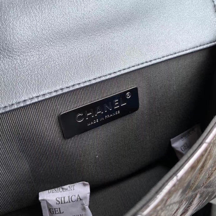 Chanel Limited Edition Metallic Crumpled Calfskin & Silver-Tone Metal Charcoal Flap Bag with Top Handle