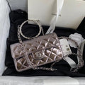Chanel Limited Edition Metallic Crumpled Calfskin & Silver-Tone Metal Charcoal Flap Bag with Top Handle