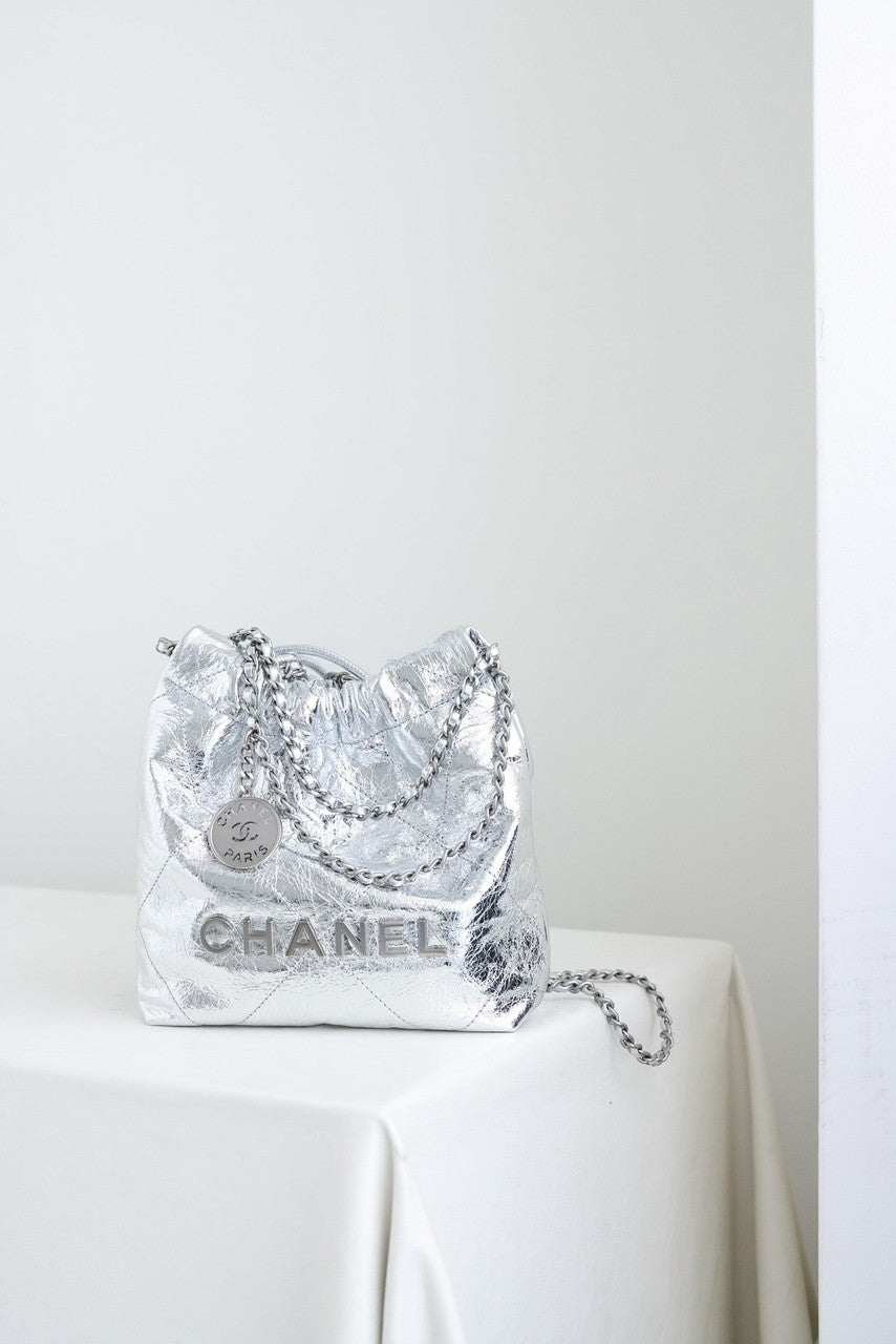 Chanel CRUISE 2024/25   CHANEL 22 MINI HANDBAG Silver Metallic Calfskin Chanel