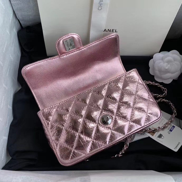 Chanel Limited Edition Pink Metallic Crumpled Calfskin & Silver-Tone Metal Charcoal Flap Bag with Top Handle