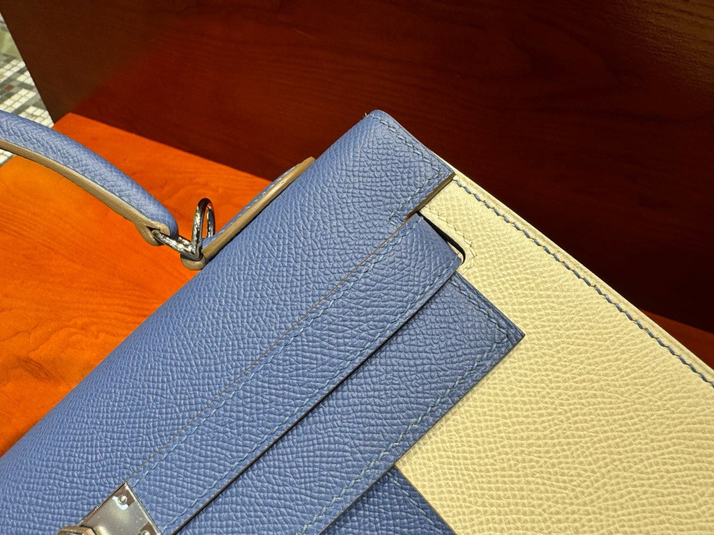 Hermès Special Order Craie/ Blue Agate Horseshoe  Kelly 32  Epsom Palladium Hardware