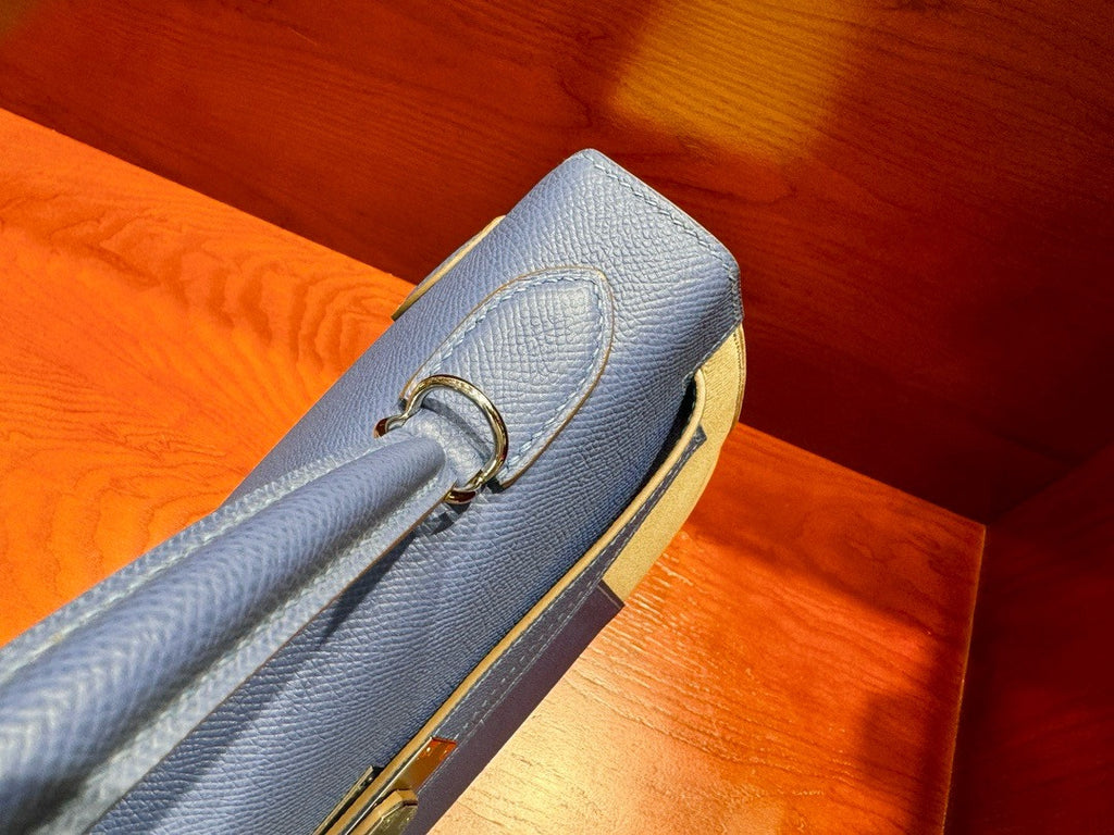 Hermès Special Order Craie/ Blue Agate Horseshoe  Kelly 32  Epsom Palladium Hardware