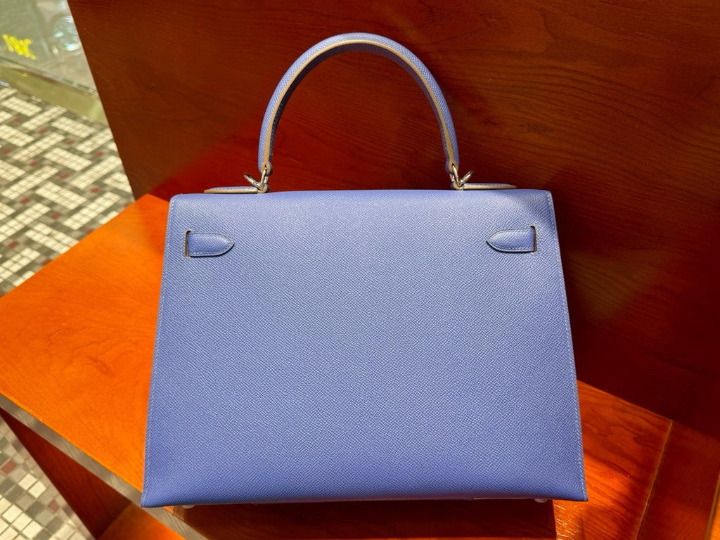 Hermès Special Order Craie/ Blue Agate Horseshoe  Kelly 32  Epsom Palladium Hardware