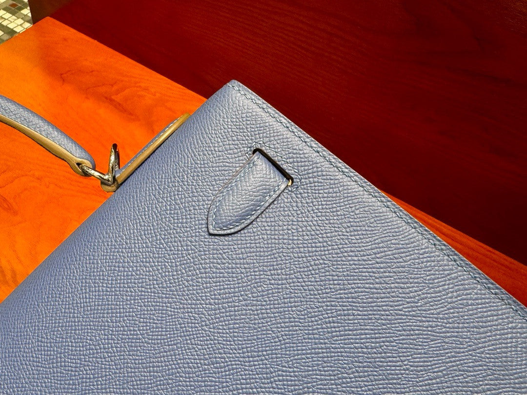 Hermès Special Order Craie/ Blue Agate Horseshoe  Kelly 32  Epsom Palladium Hardware
