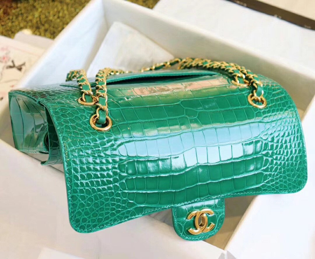 Chanel Emerald Shinny Alligator Flap Bag