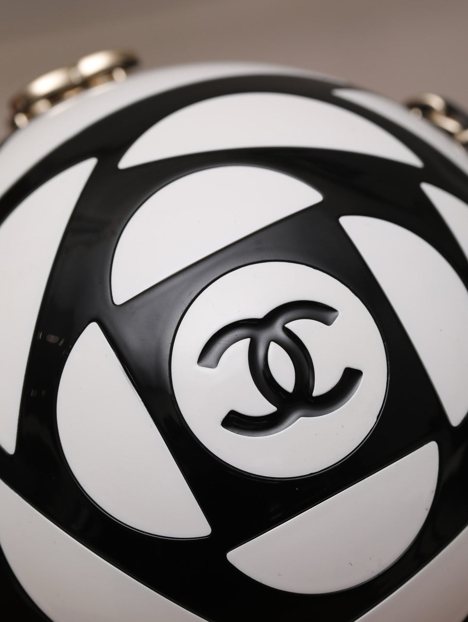 Chanel Resin Plexi CC Round Camellia Minaudiere Clutch Black White 2023