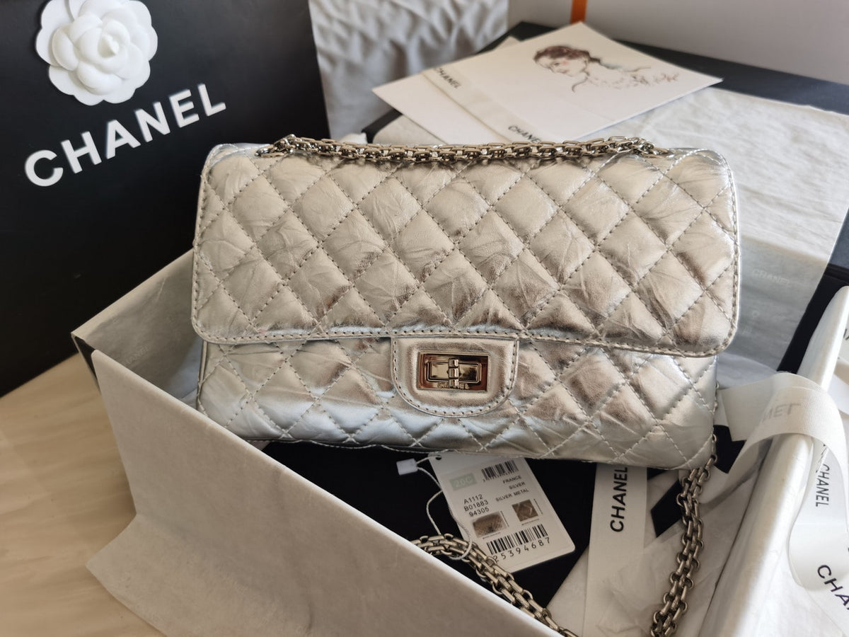 Chanel 2.55 Handbag Metallic Crumpled Calfskin Silver