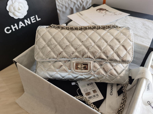 Chanel 2.55 Handbag Metallic Crumpled Calfskin Silver