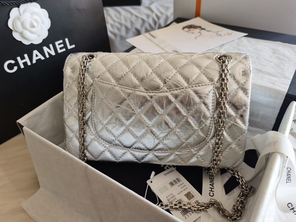 Chanel 2.55 Handbag Metallic Crumpled Calfskin Silver