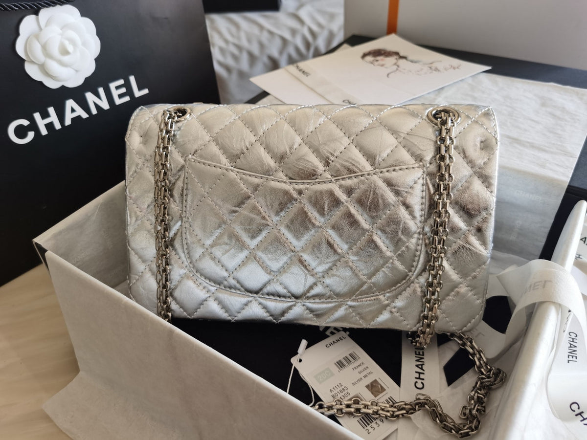 Chanel 2.55 Handbag Metallic Crumpled Calfskin Silver