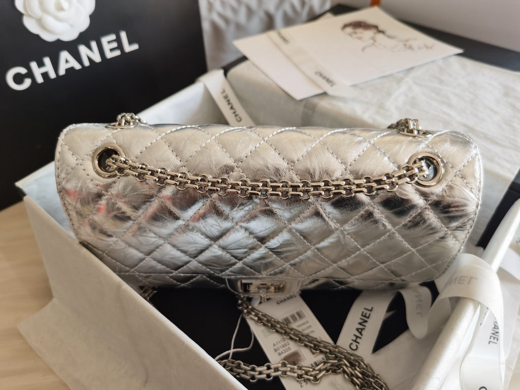 Chanel 2.55 Handbag Metallic Crumpled Calfskin Silver