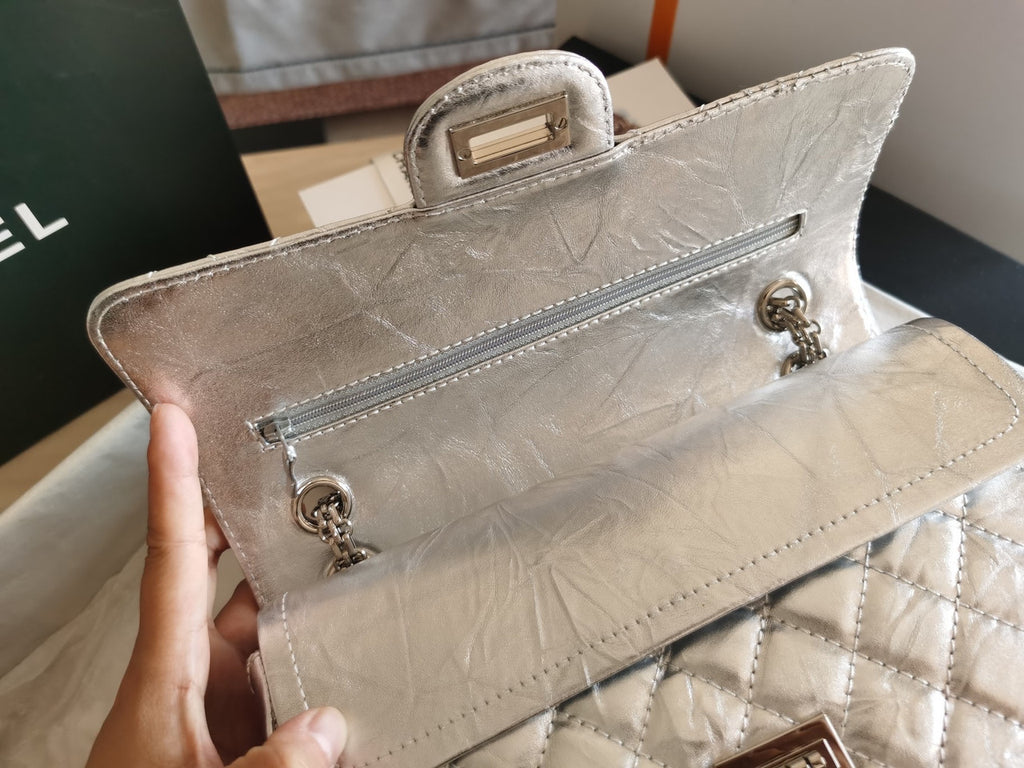 Chanel 2.55 Handbag Metallic Crumpled Calfskin Silver