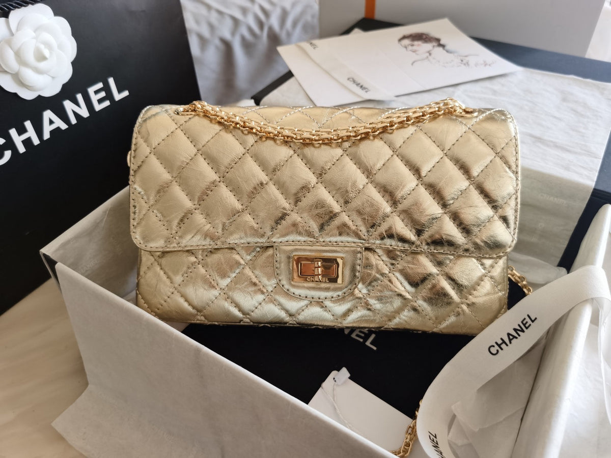 Chanel 2.55 Handbag Metallic Crumpled Calfskin Gold