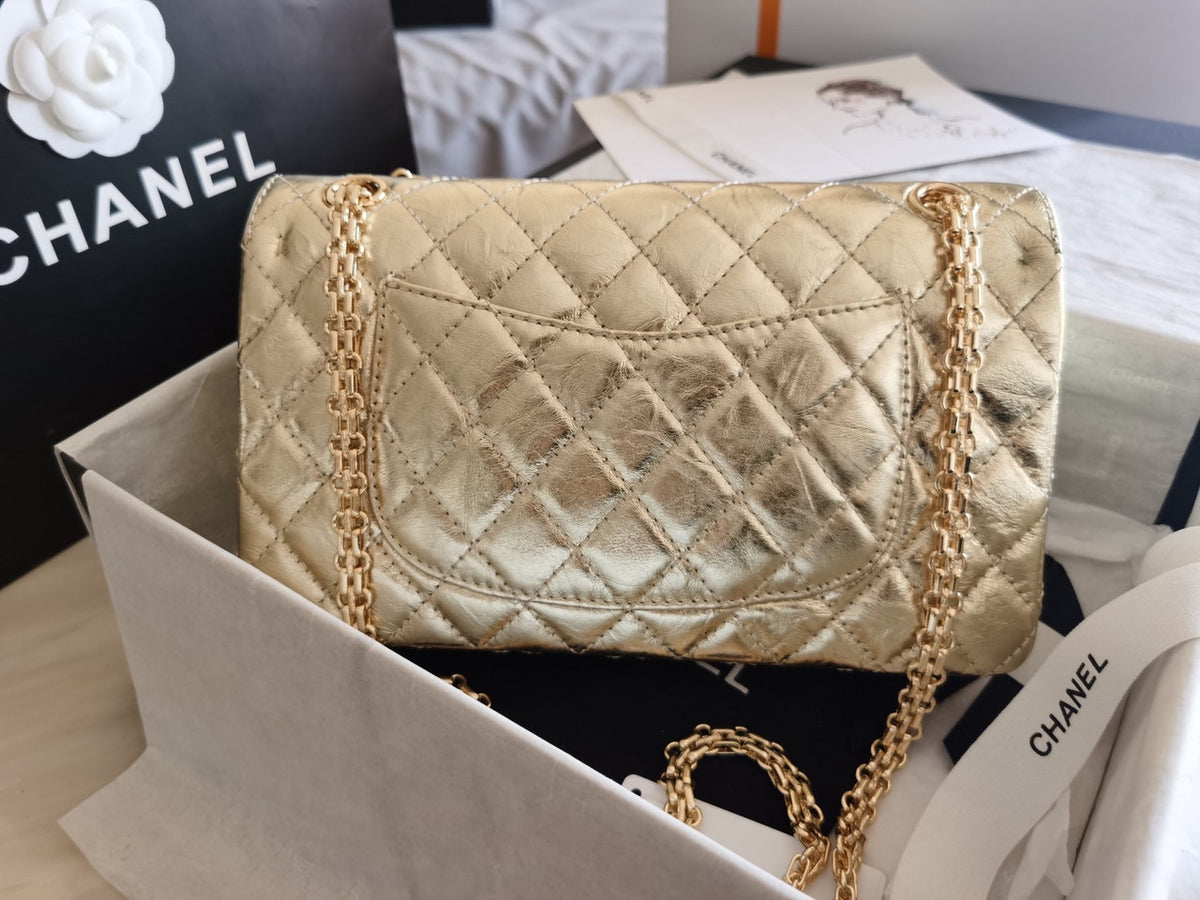 Chanel 2.55 Handbag Metallic Crumpled Calfskin Gold