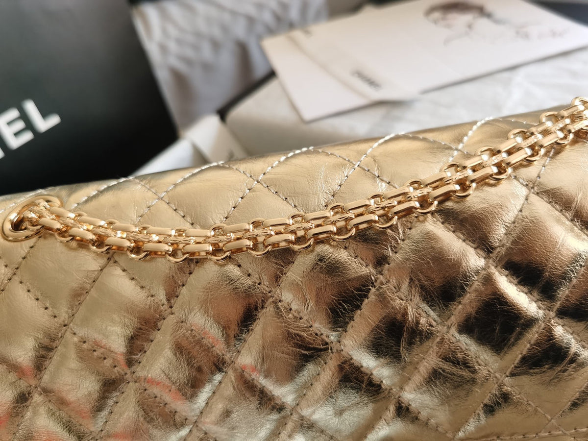 Chanel 2.55 Handbag Metallic Crumpled Calfskin Gold