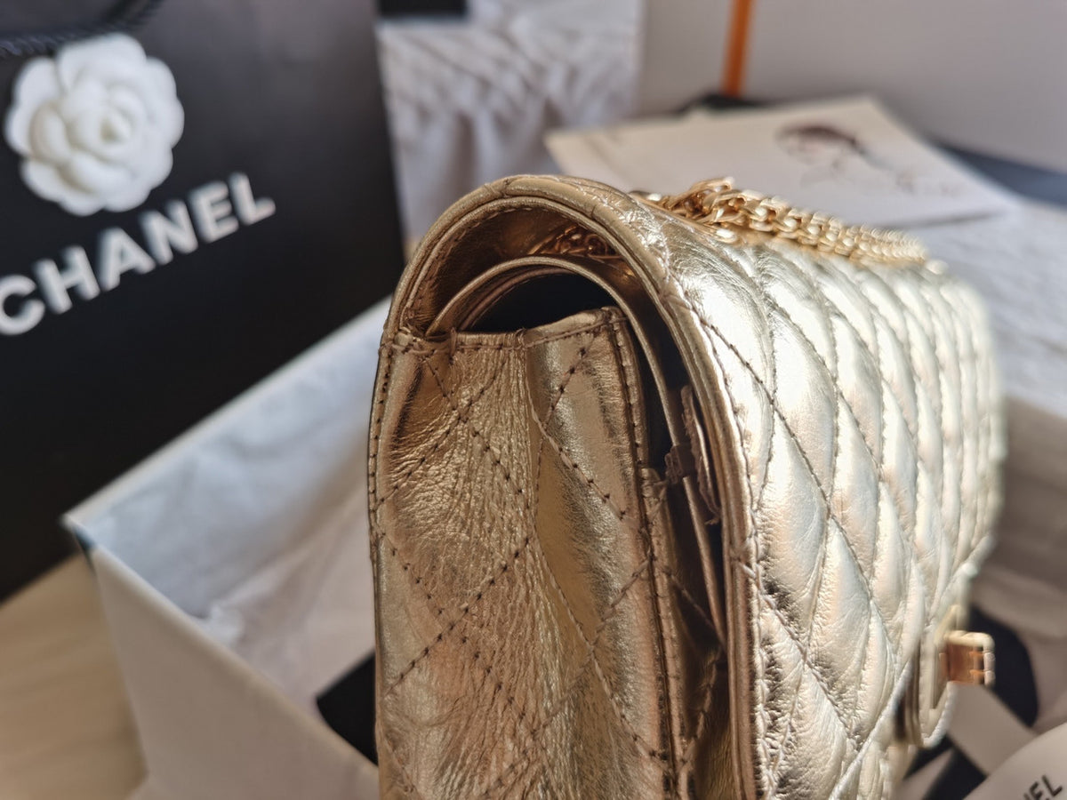 Chanel 2.55 Handbag Metallic Crumpled Calfskin Gold