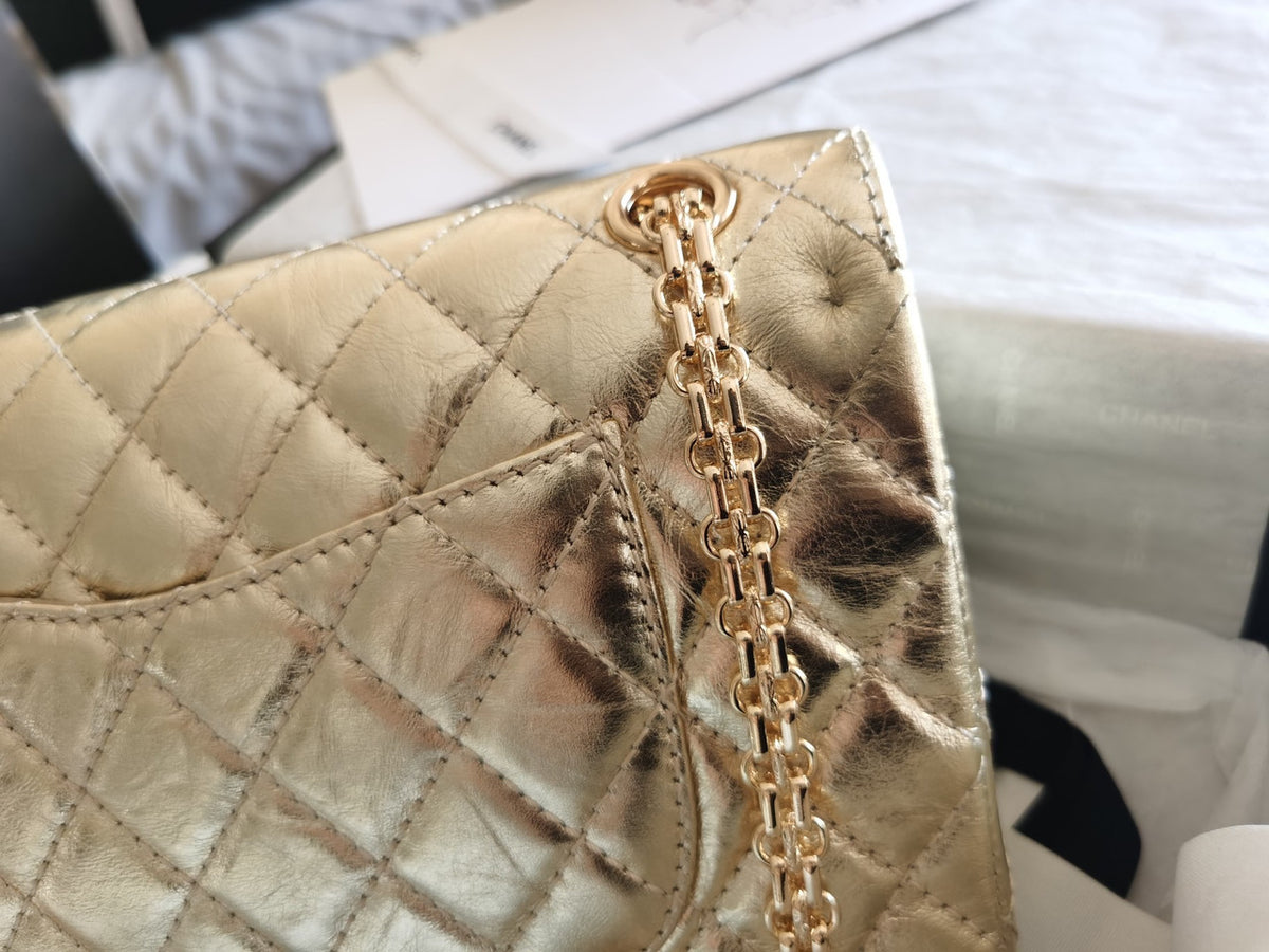 Chanel 2.55 Handbag Metallic Crumpled Calfskin Gold