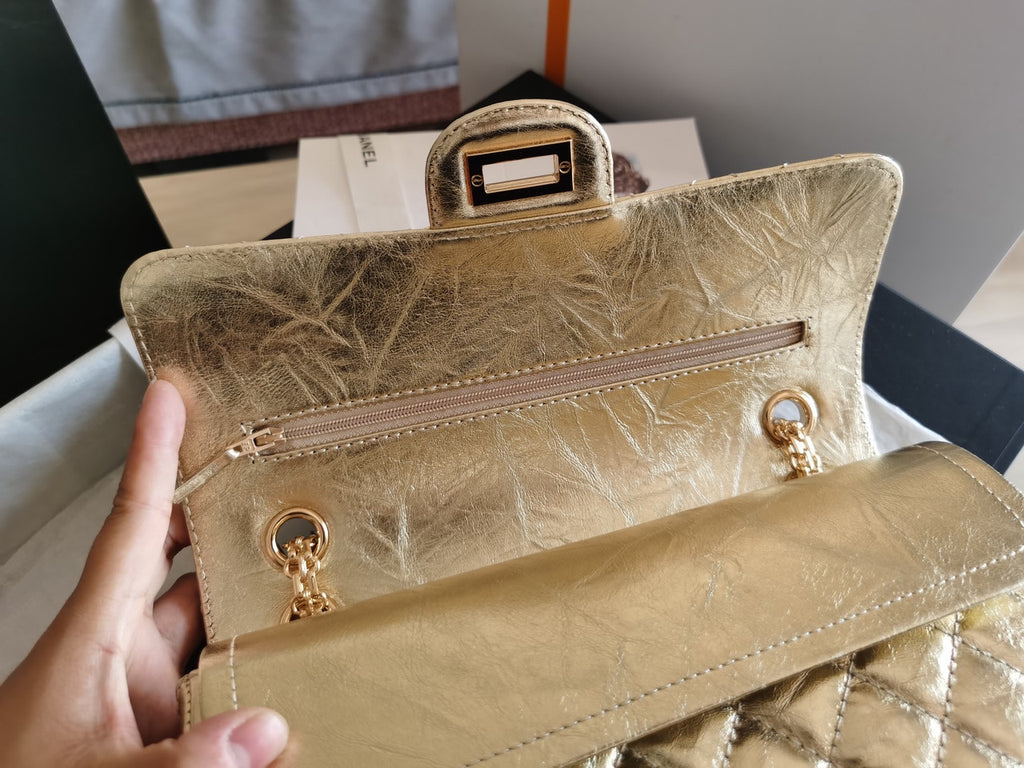 Chanel 2.55 Handbag Metallic Crumpled Calfskin Gold