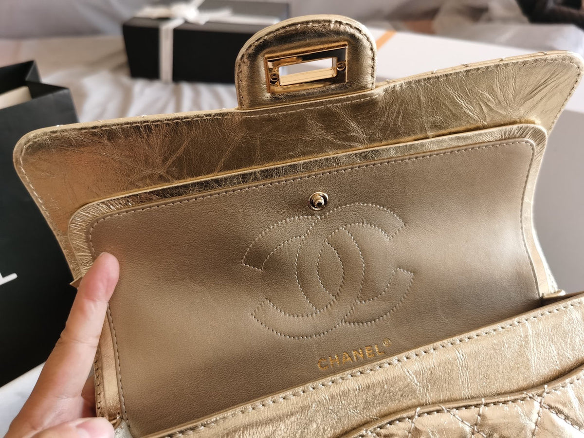 Chanel 2.55 Handbag Metallic Crumpled Calfskin Gold