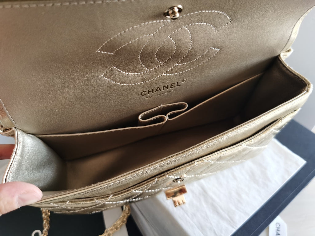 Chanel 2.55 Handbag Metallic Crumpled Calfskin Gold