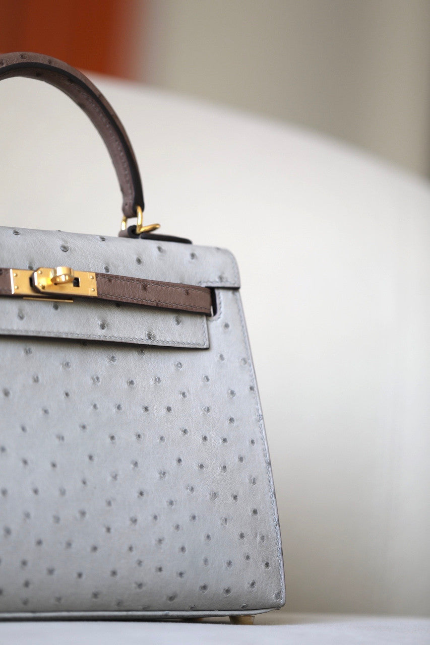 Hermès Special Order Kelly 25 Gris Perle /Etoupe Ostrich With Gold Hardware