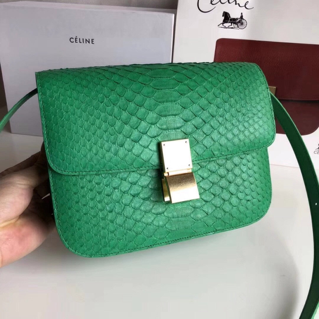 CELINE Green  Python Medium Classic Box Flap Bag