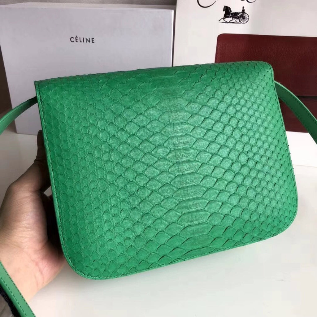 CELINE Green  Python Medium Classic Box Flap Bag