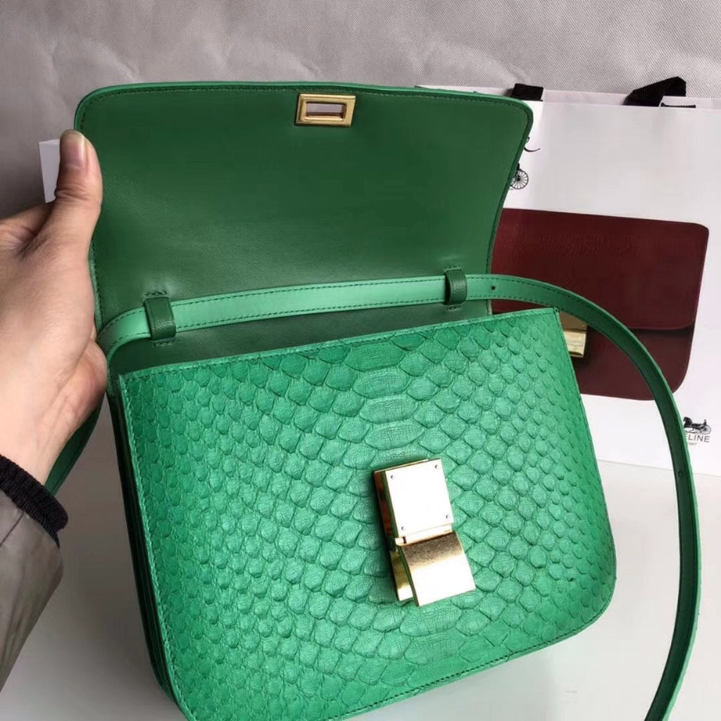 CELINE Green  Python Medium Classic Box Flap Bag