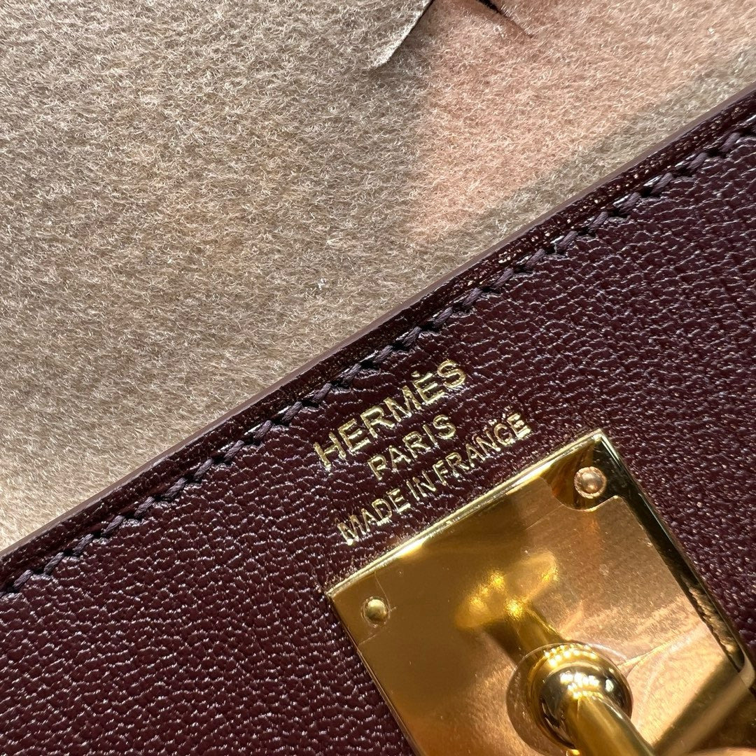 Hermes Kelly Elan bag Sellier Bordeaux Chevre chamkila goatskin Gold hardware