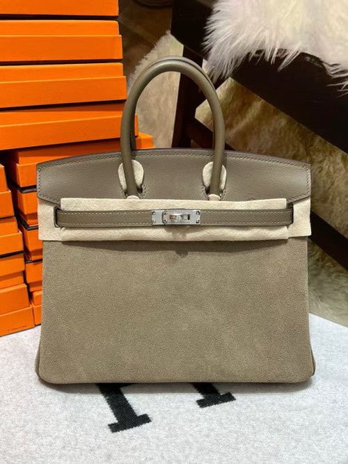 HERMÈS BIRKIN 25 ETOUPE VEAU DOBLIS SUEDE AND SWIFT LEATHER WITH PALLADIUM HARDWARE Hermes