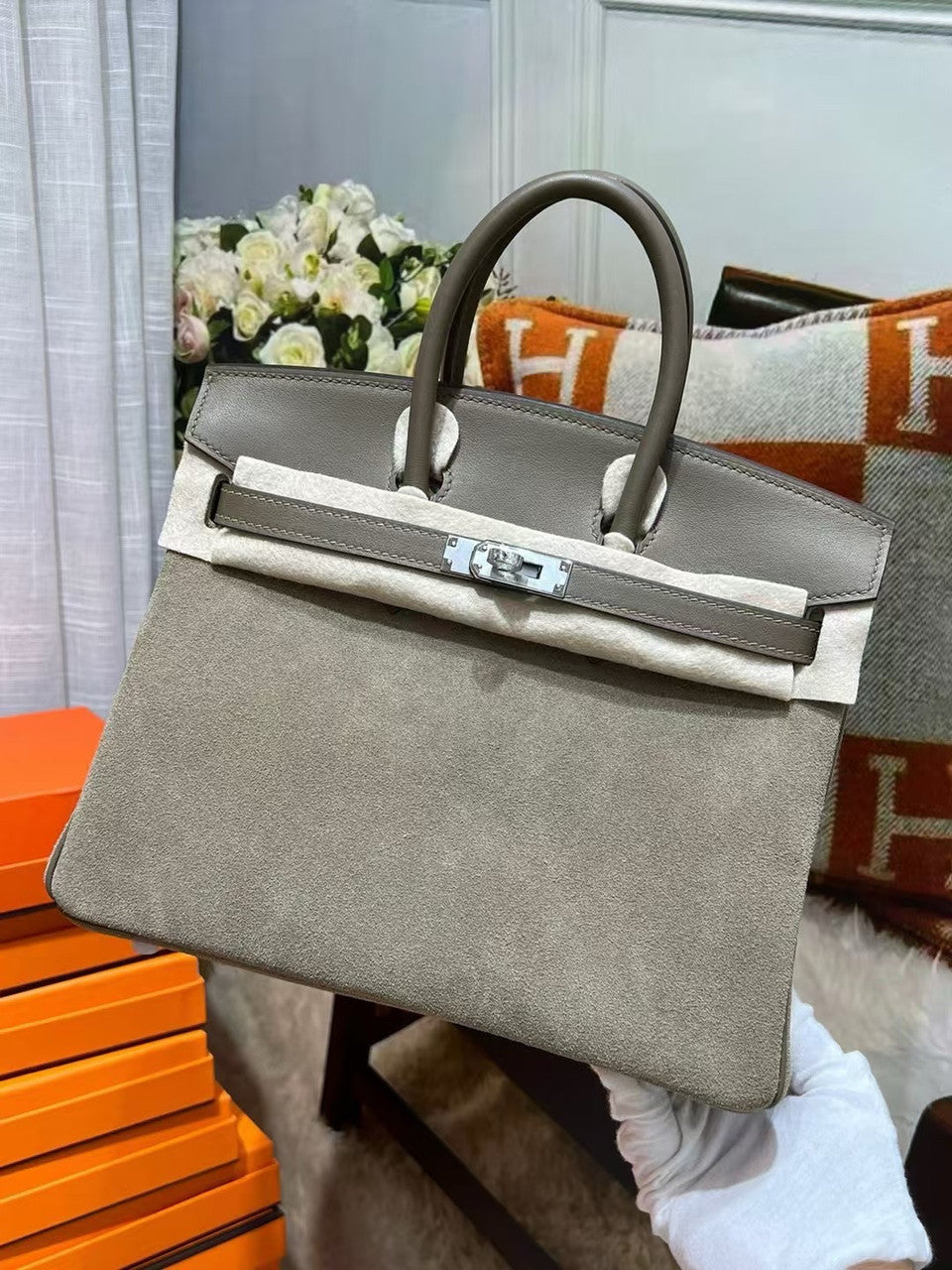 HERMÈS BIRKIN 25 ETOUPE VEAU DOBLIS SUEDE AND SWIFT LEATHER WITH PALLADIUM HARDWARE Hermes