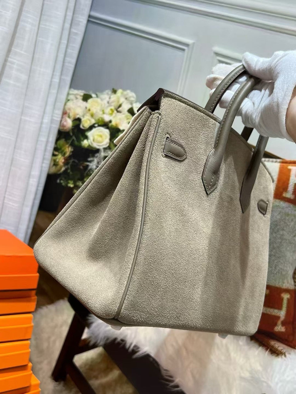 HERMÈS BIRKIN 25 ETOUPE VEAU DOBLIS SUEDE AND SWIFT LEATHER WITH PALLADIUM HARDWARE Hermes