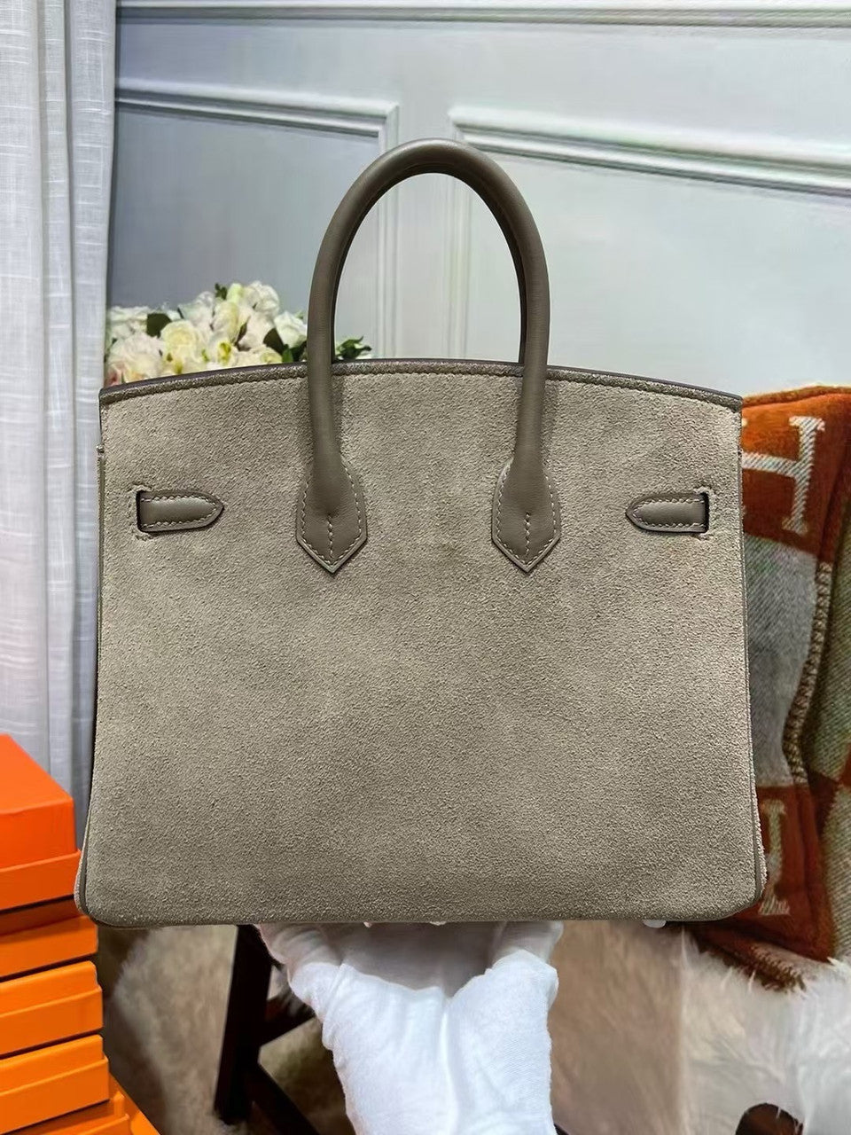 HERMÈS BIRKIN 25 ETOUPE VEAU DOBLIS SUEDE AND SWIFT LEATHER WITH PALLADIUM HARDWARE Hermes