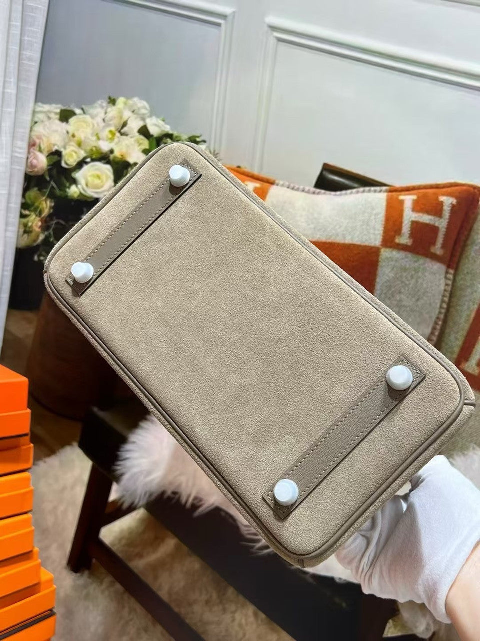 HERMÈS BIRKIN 25 ETOUPE VEAU DOBLIS SUEDE AND SWIFT LEATHER WITH PALLADIUM HARDWARE Hermes
