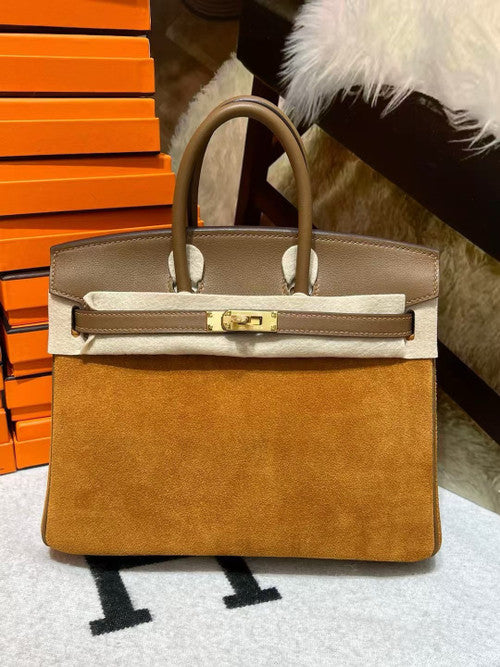 HERMÈS BIRKIN 25 GOLD VEAU DOBLIS SUEDE AND SWIFT LEATHER WITH GOLD HARDWARE Hermes