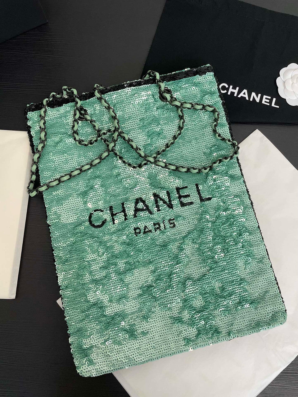 Chanel Sequins Shopping Bag Green SS2024