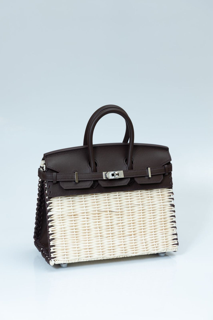[Exclisuve] Hermes Limited Edition Picnic Birkin 25 Sellier Wicker and Black Barenia leather  SS 2021
