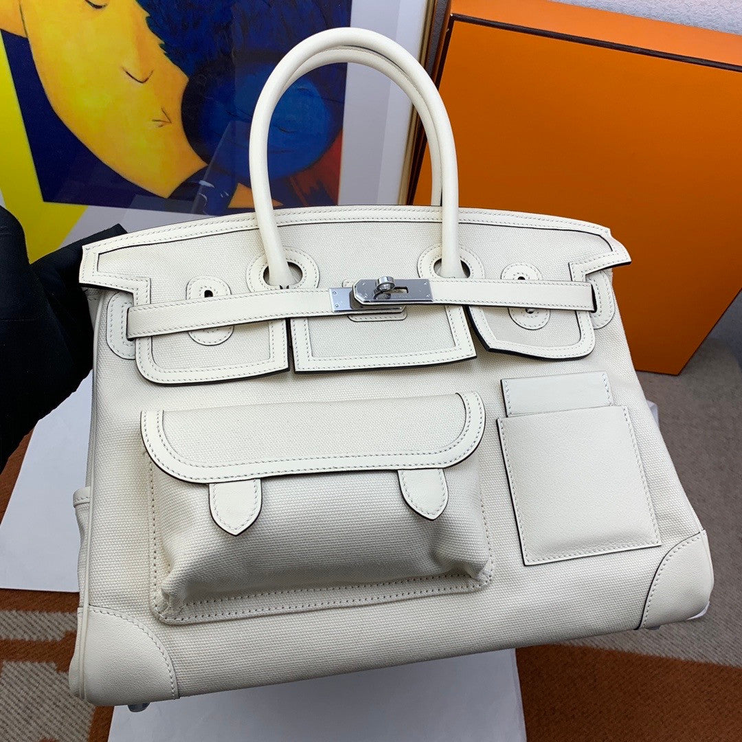 Hermes Limited Edition Cargo Birkin 35 cm Craie Swift and  canvas