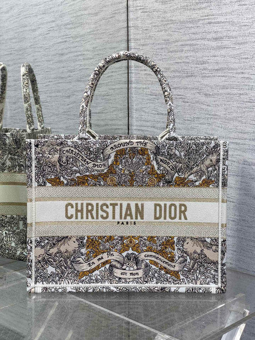 Christian Dior Medium Dior Book Tote Latte Embroidery with Gold-Tone Dior Around the World Motif