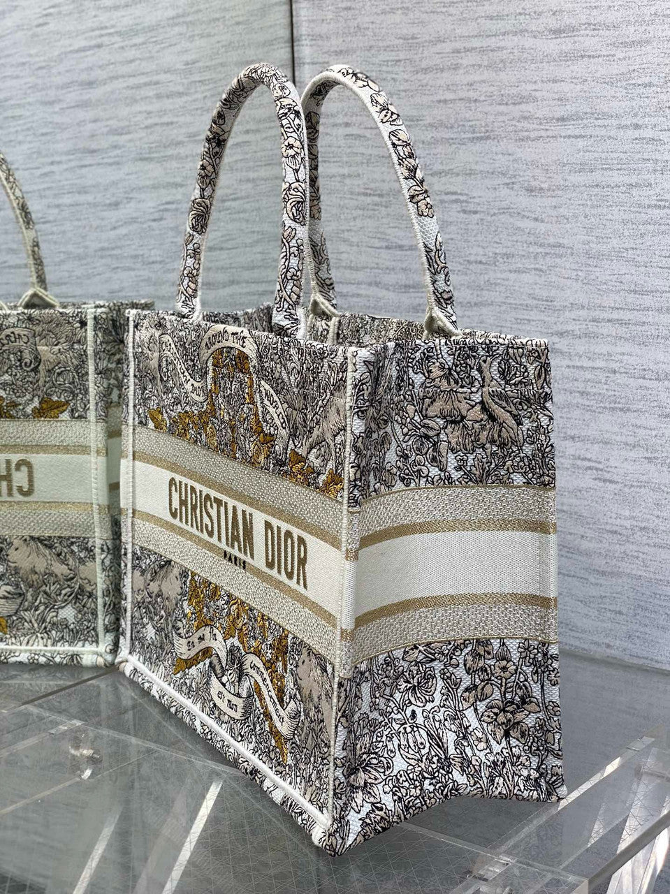 Christian Dior Medium Dior Book Tote Latte Embroidery with Gold-Tone Dior Around the World Motif