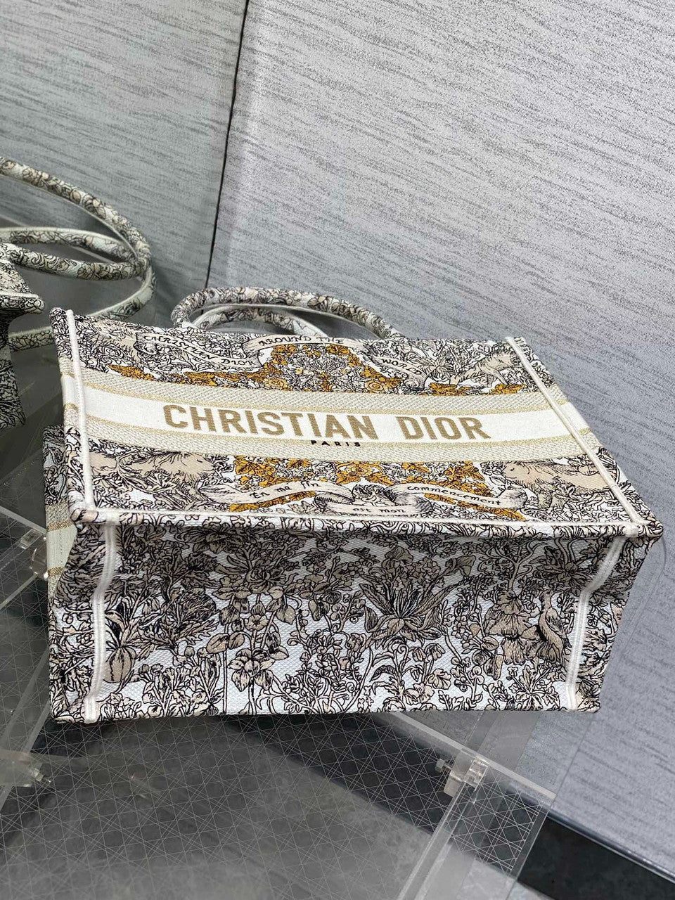 Christian Dior Medium Dior Book Tote Latte Embroidery with Gold-Tone Dior Around the World Motif